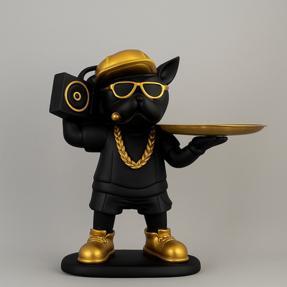 Luxury Black & Gold Bulldog Butler Figurine with Tray – Funky Resin Dog Showpiece with Sunglasses, Chain & Boombox – Modern Home Décor Tray Stand for Keys, Coins & Snacks – Stylish Gift Item for Living Room & Office