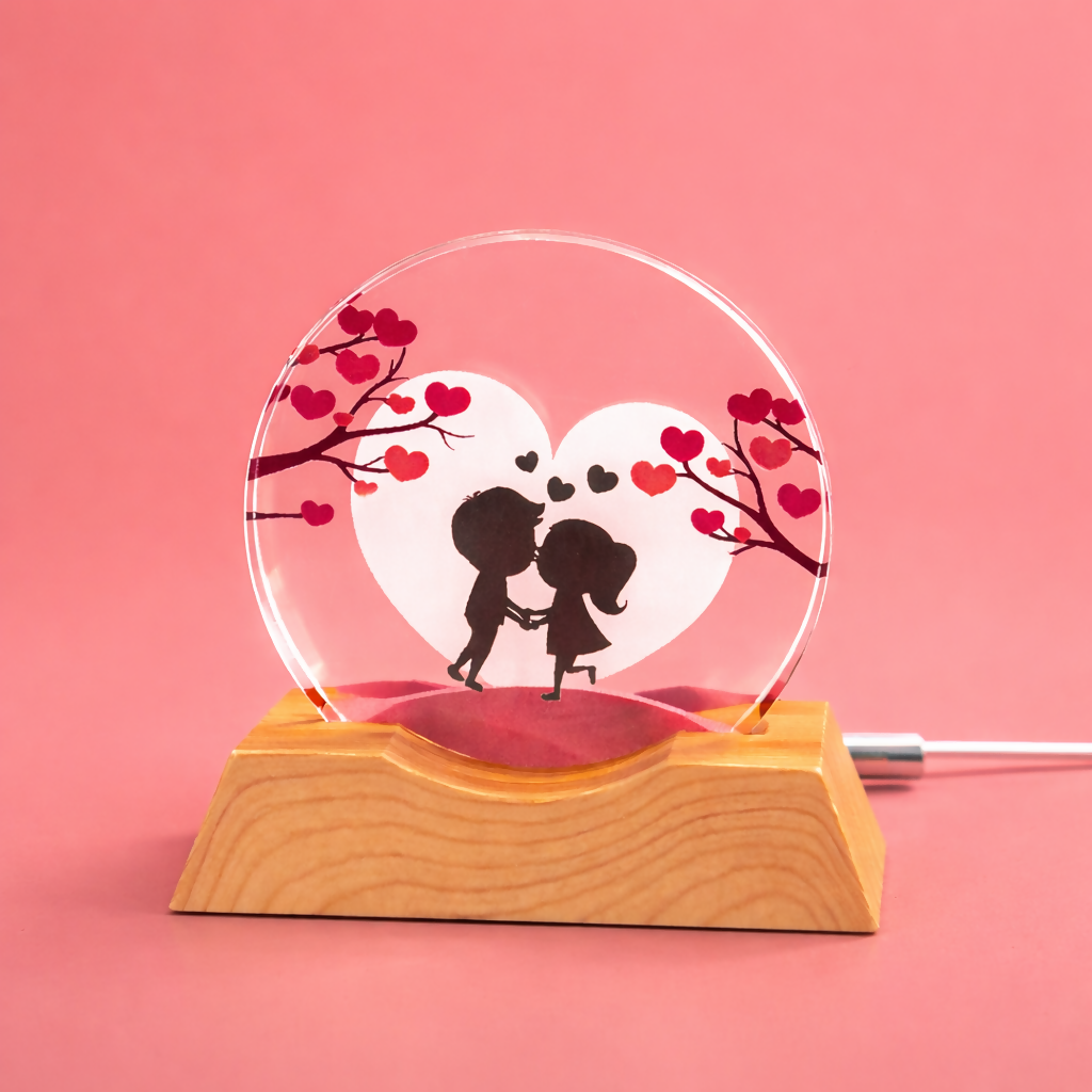 Romantic Couple LED Acrylic Lamp with Wooden Base | USB Powered Night Light