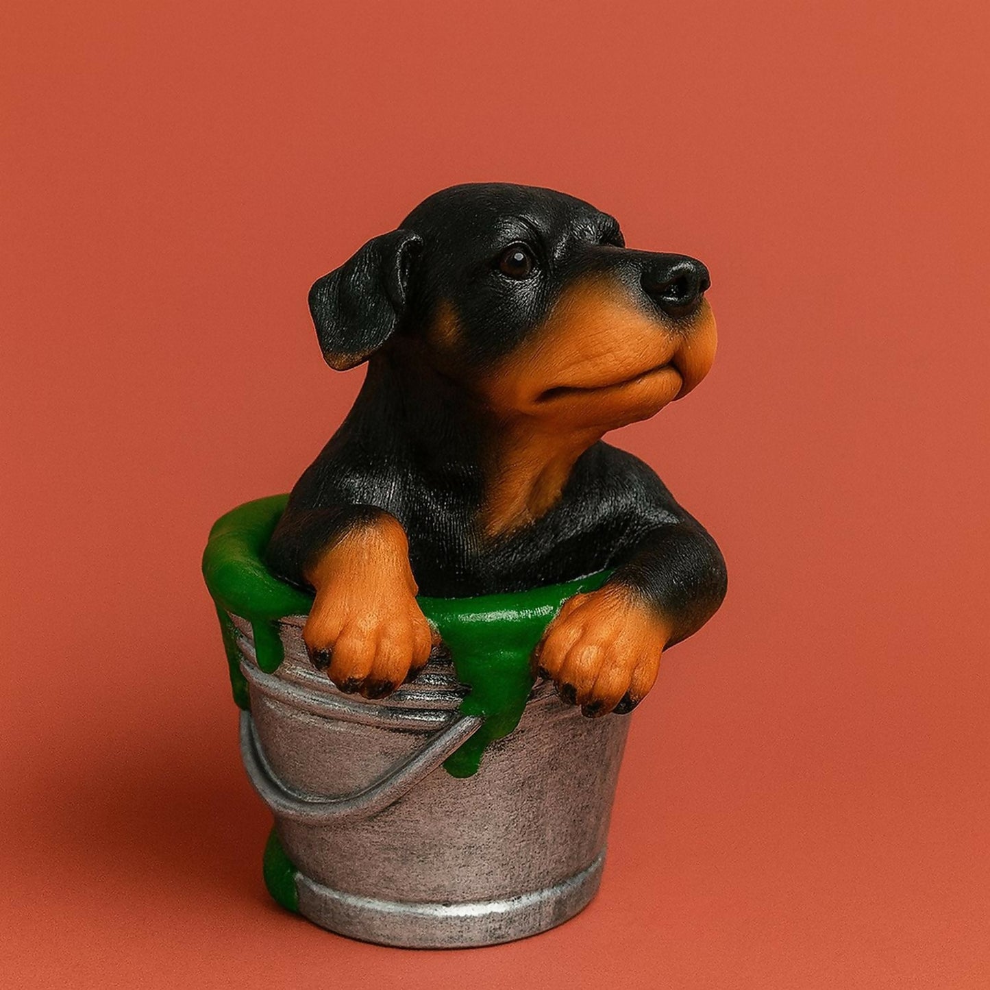 Premium Cute Puppy in Bucket Resin Showpiece for Home Décor | Hand-Painted Dog Figurine with Silver Bucket & Green Spill Design | Tabletop Decorative Statue for Living Room, Bedroom, Office & Gifting