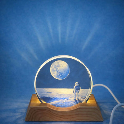 Astronaut Moon 3D Acrylic LED Night Lamp with Wooden Base for Home Decor
