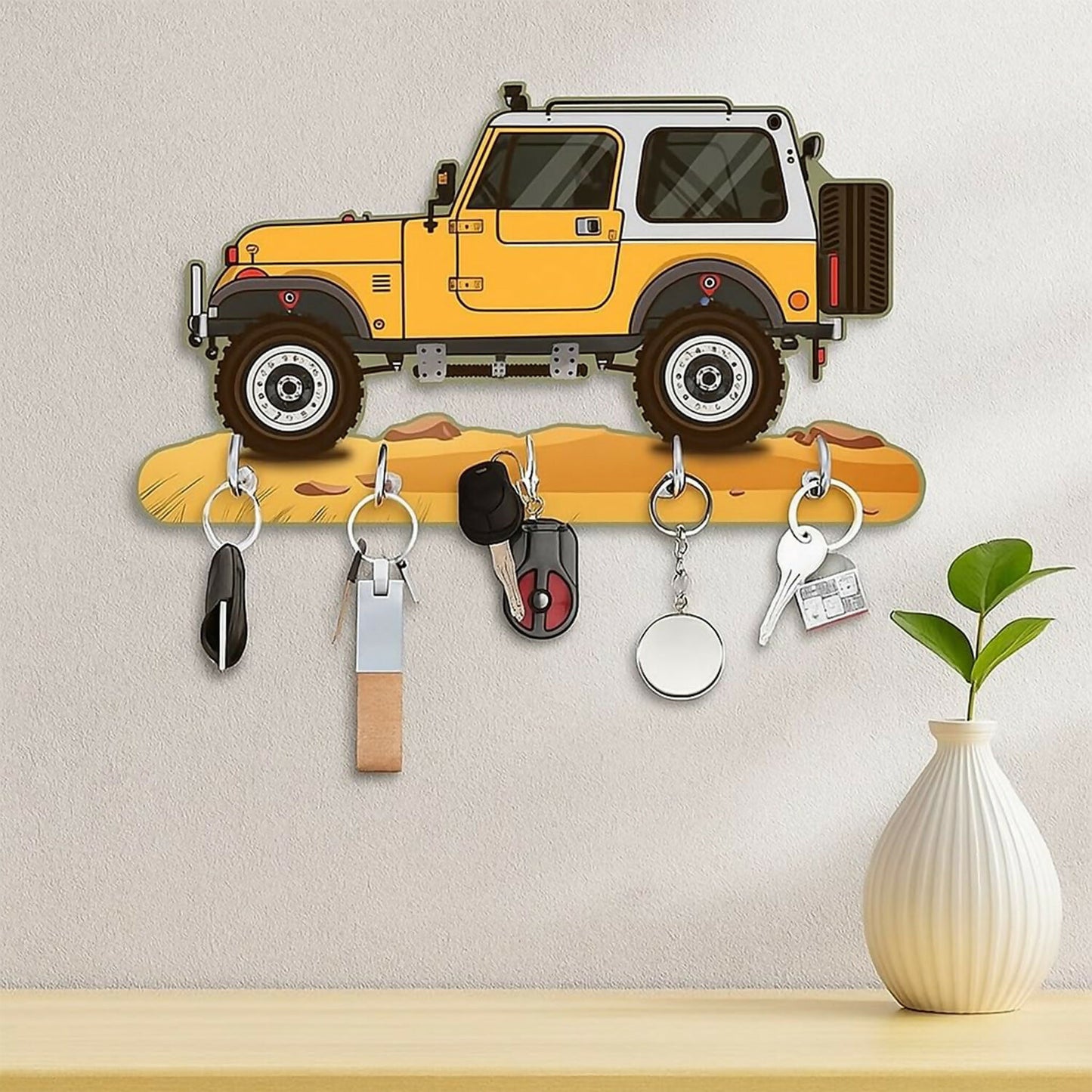 Jeep Design Wooden Key Holder with 5 Hooks Decorative Wall Key Stand for Home