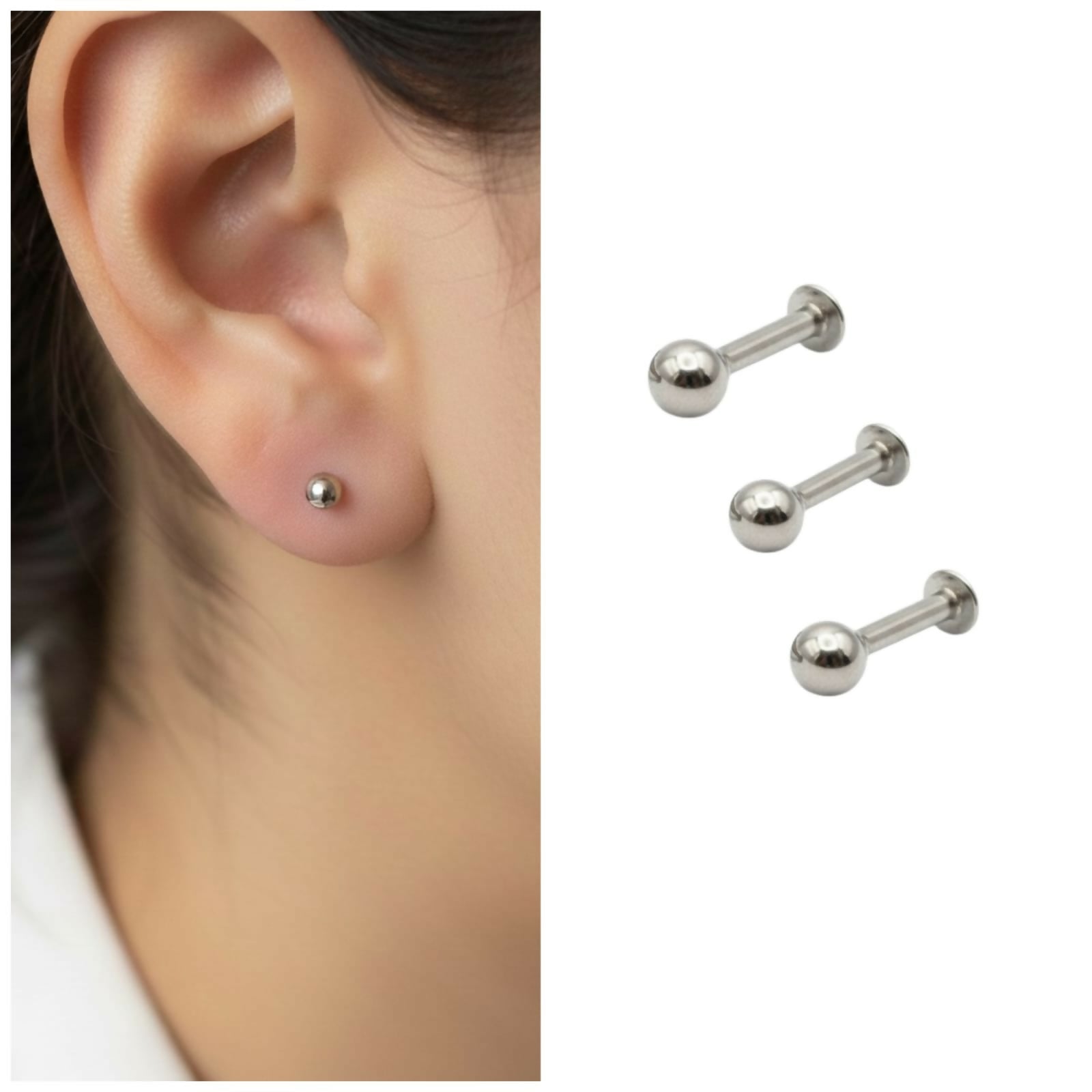 Silver plated ball labret stud earrings combo pack for women and girls