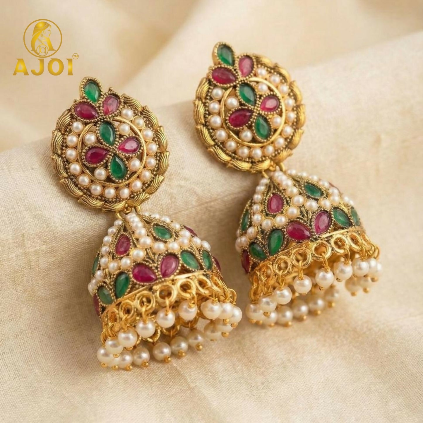 Exquisite Traditional Kundan Jhumka Earrings with Ruby & Emerald Stones, Handcrafted Gold-Tone Pearl Drop Bridal Jewelry