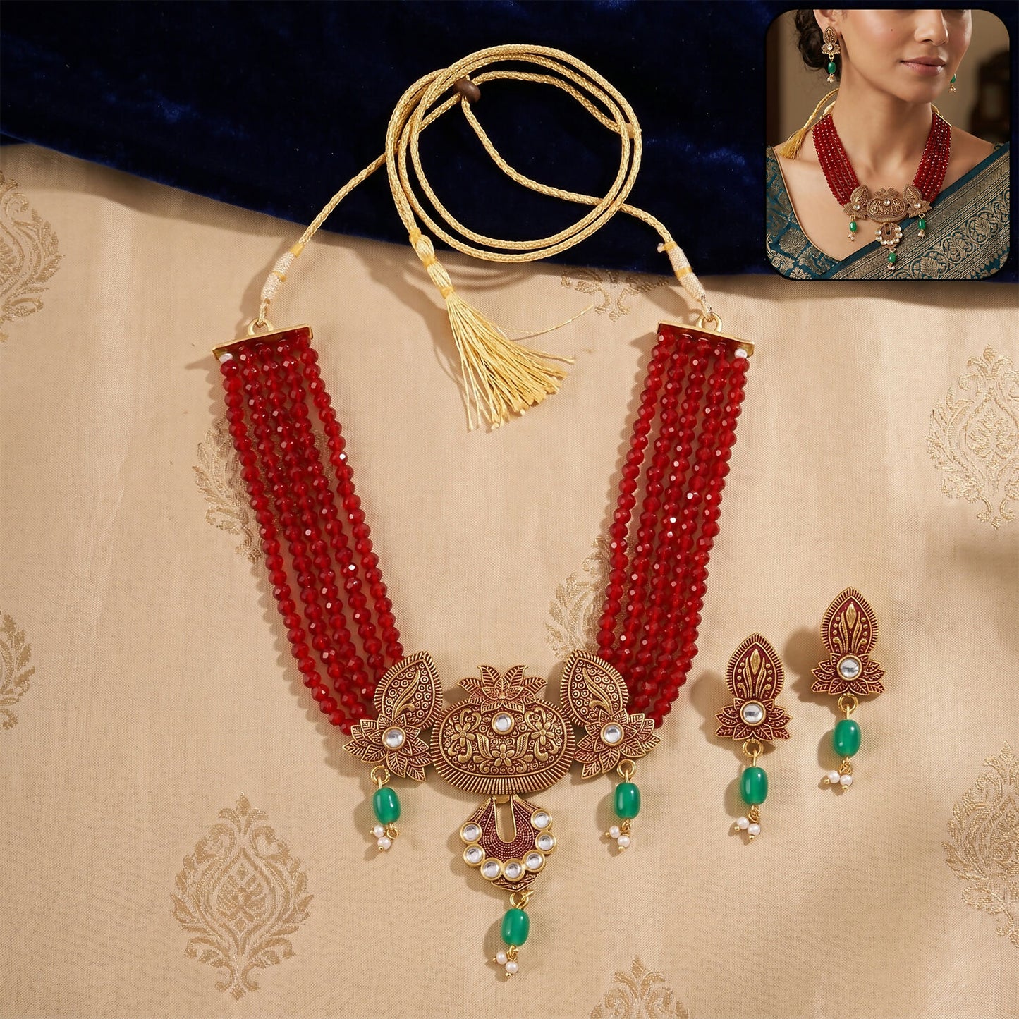 Traditional maroon beaded necklace with matching earrings