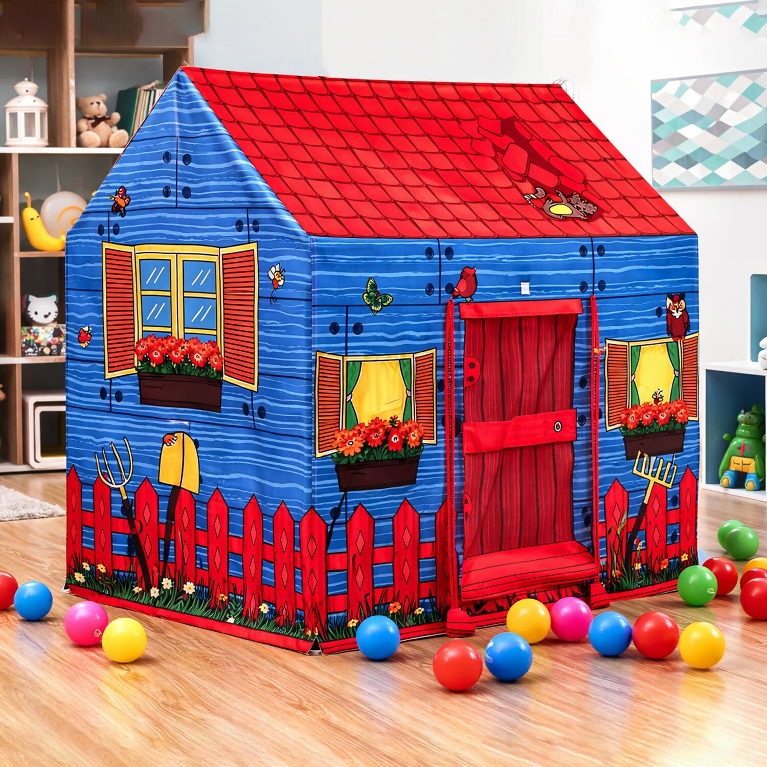 Blue & Red Foldable Kids Play Tent House with Printed Cottage Design for Indoor & Outdoor Fun