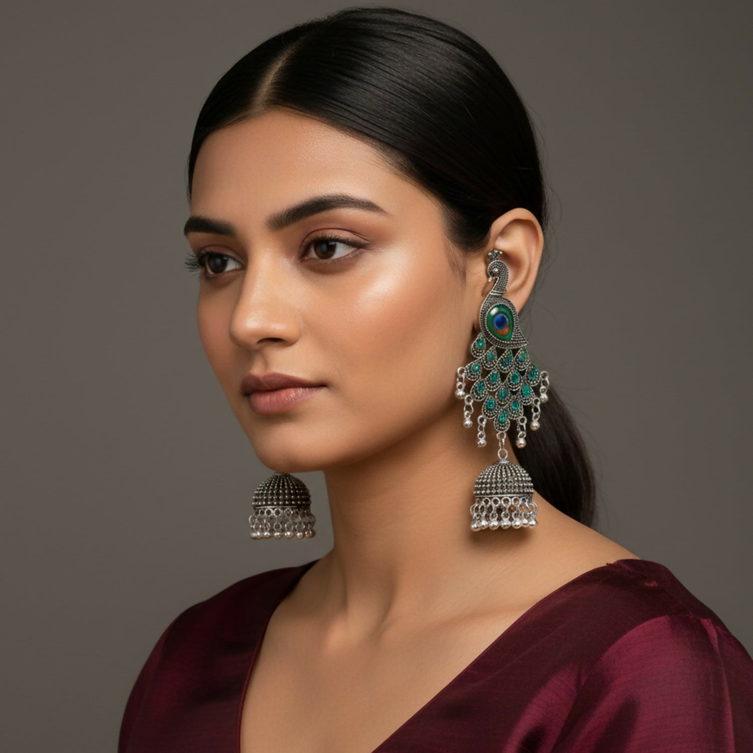 Traditional Silver Oxidized Peacock Jhumka Earrings