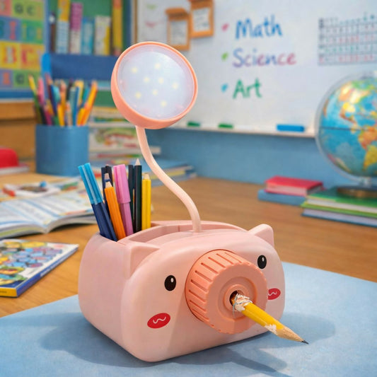 Pink Kids Desk Lamp with Pencil Sharpener and Pen Holder Study Table Light