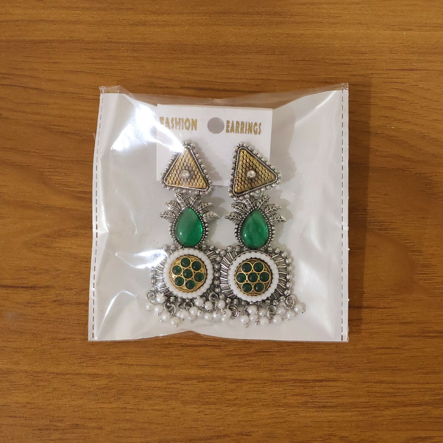 Elegant Oxidized Silver Earrings with Green Stone & Pearl Drop Fringe