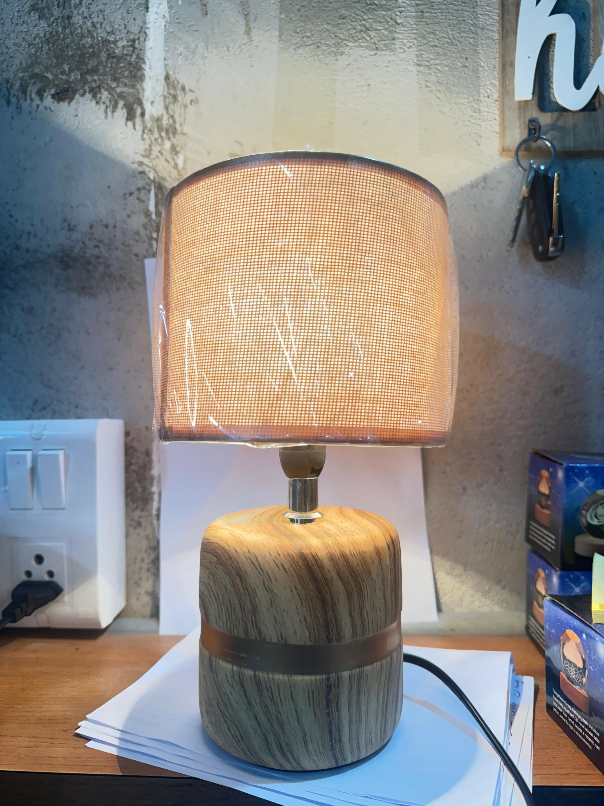 Modern Wooden Base Table Lamp with Warm Fabric Shade | Minimalist Bedside & Living Room Night Lamp | Golden Accent Decorative Lighting