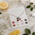 Cherry Pendant Necklace & Floral Stud Earrings Jewelry Set for Women and Girls Gift