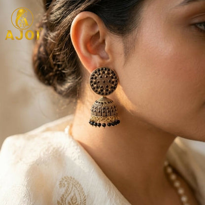 Antique Gold Black Stone Jhumka Earrings Traditional Ethnic Design