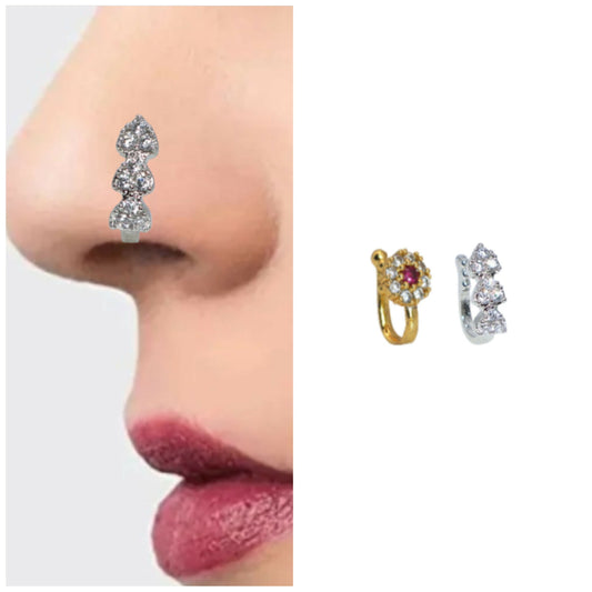 Silver & Gold Plated Non-Pierced Designer Nosepin Combo Pack of 2