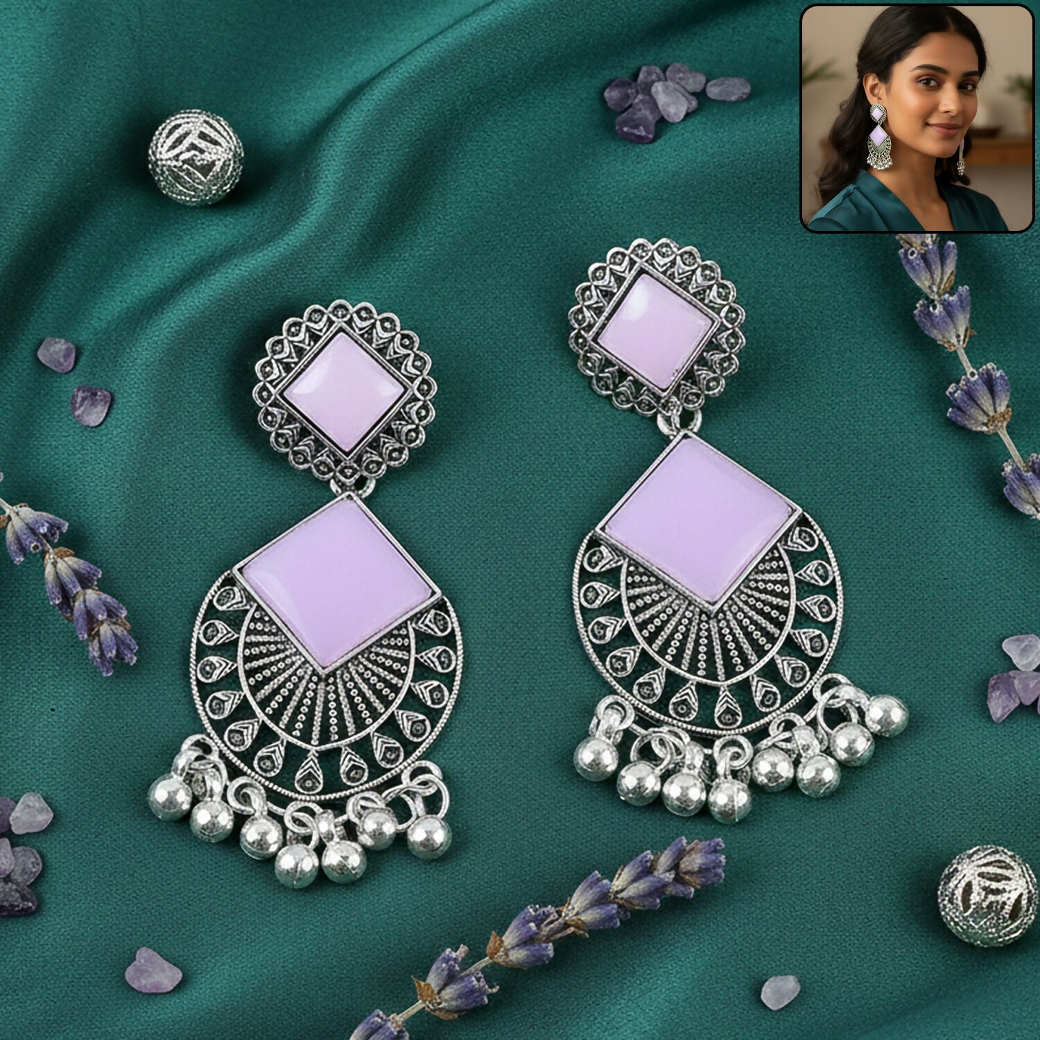 Traditional Indian Oxidized Silver Plated Dangle Earrings with Square Lavender