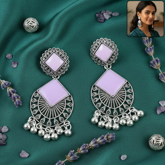 Traditional Indian Oxidized Silver Plated Dangle Earrings with Square Lavender
