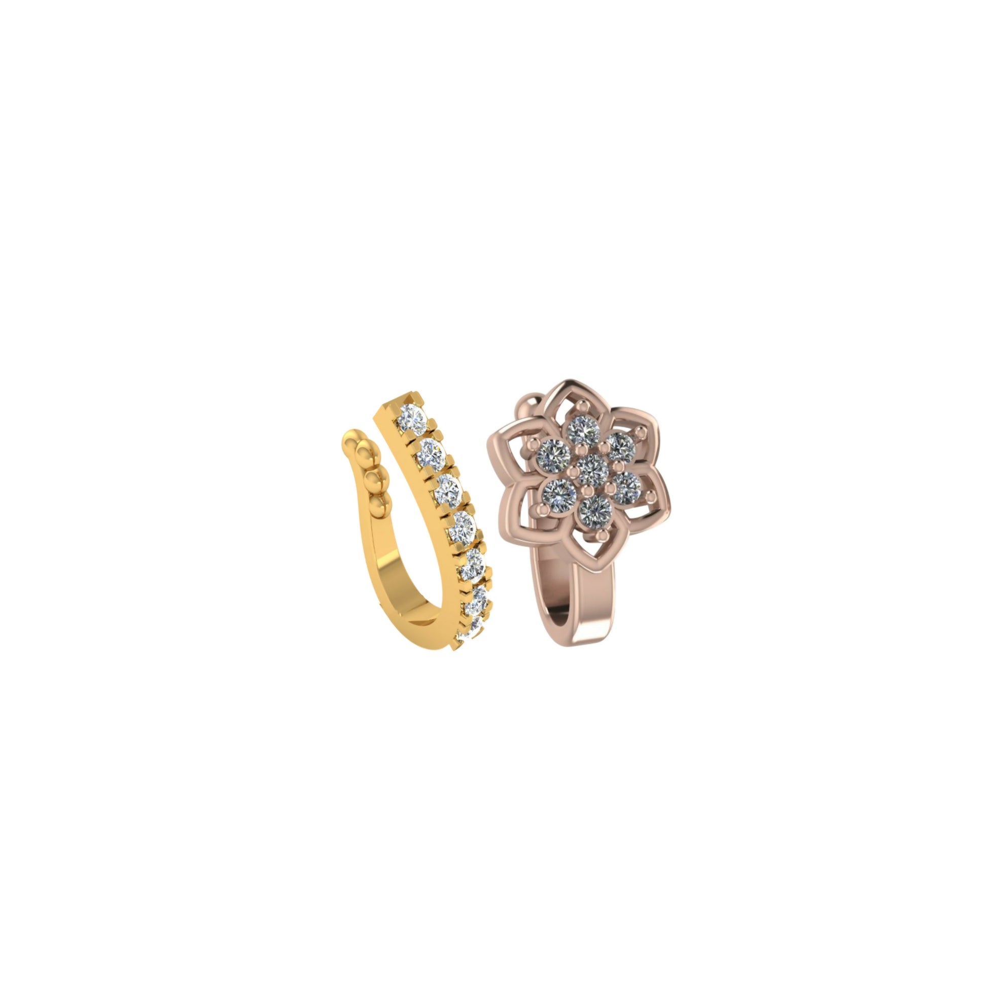 Close-up view of gold tone cubic zirconia nose cuff with sparkling stones
