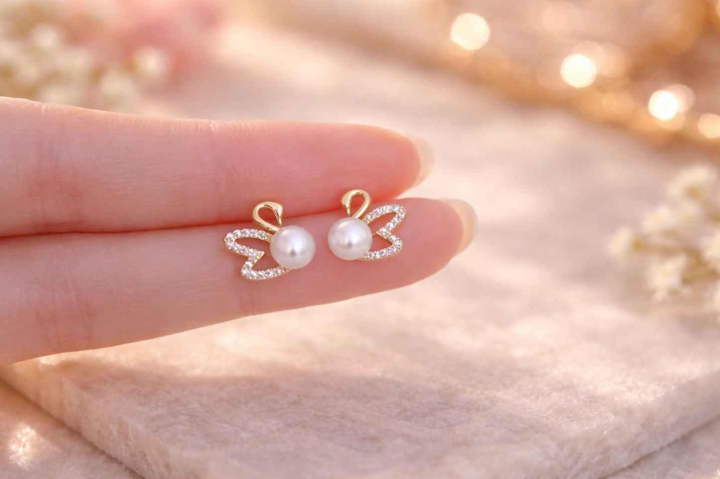 Cute Pearl Butterfly Stud Earrings for Women And Girls