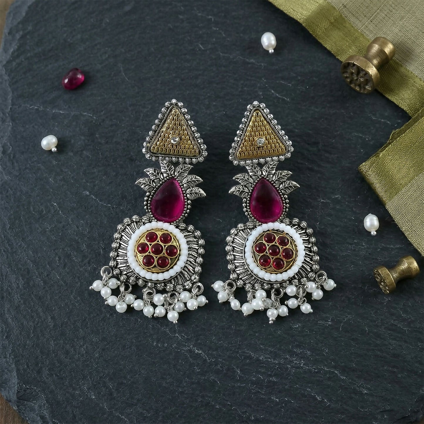 Traditional Oxidized Silver Earrings with Gold Tone Studs & Pearl Drop Fringe