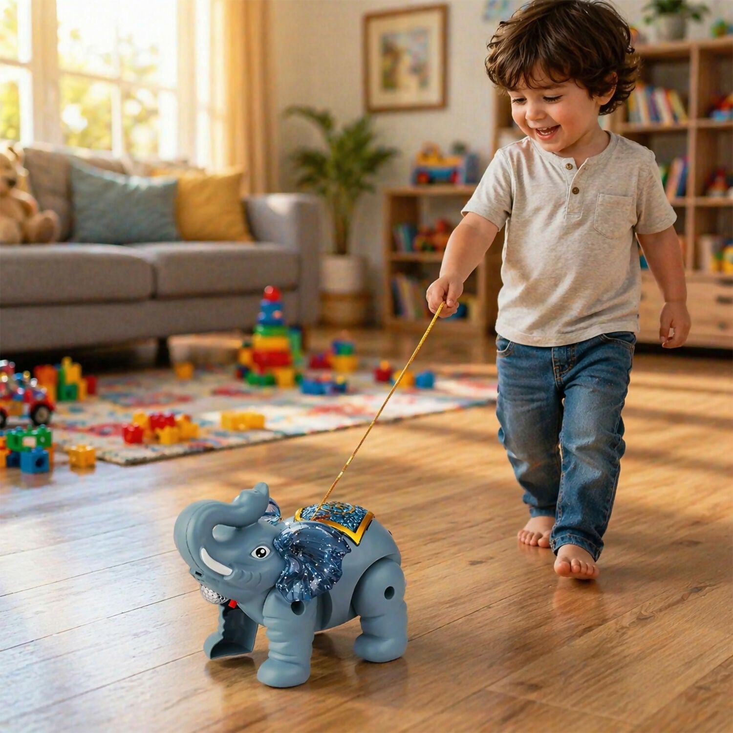 Light-Up Elephant Pull Toy in motion on floor