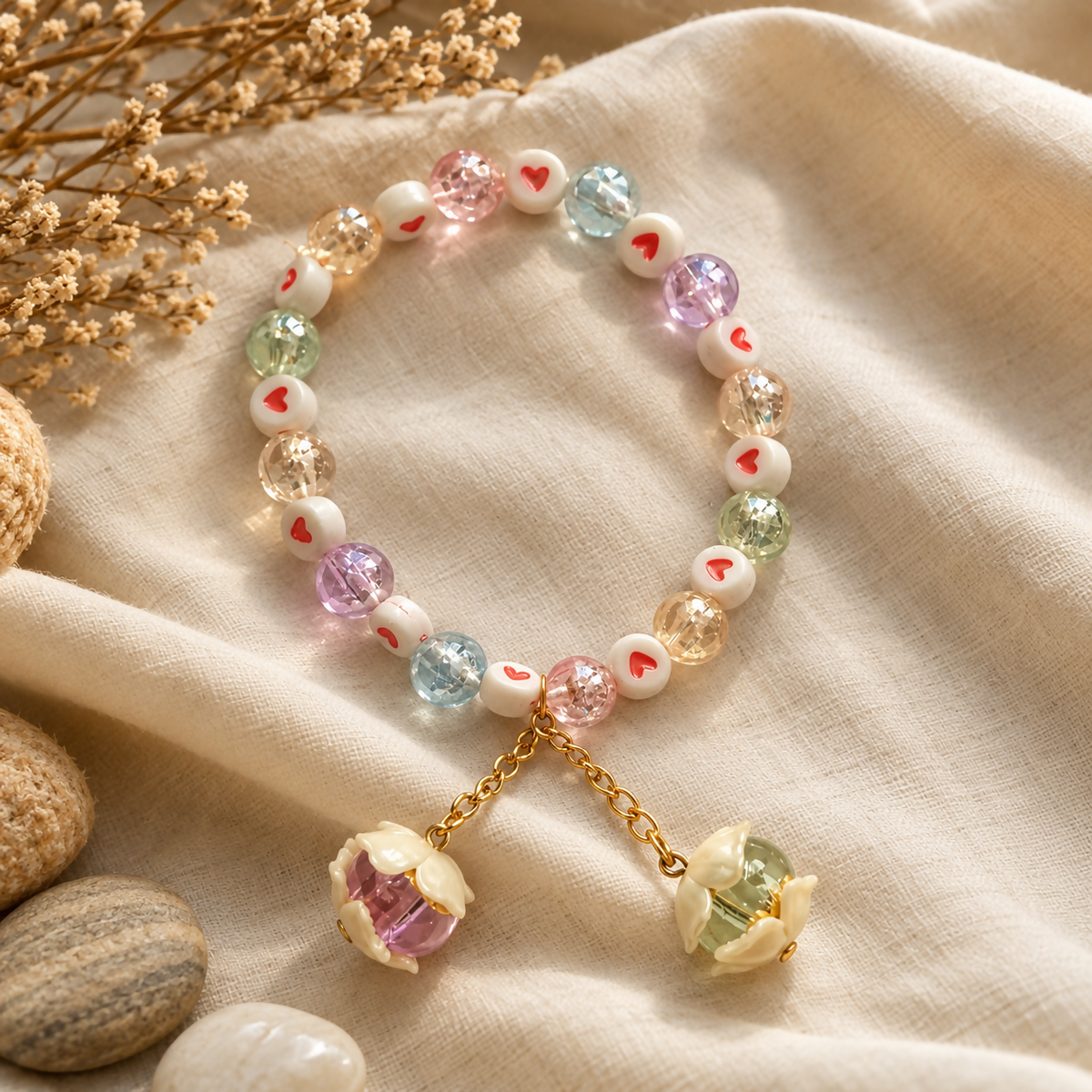 Multicolor beaded bracelet with heart accents and two flower-shaped dangle charms on a light fabric background.