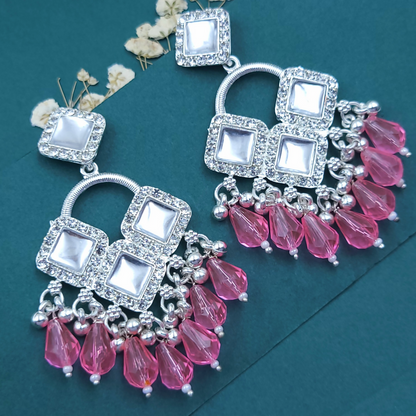 Elegant Silver Plated Chandelier Earrings Featuring Square Crystals and Baby Pink Teardrop Beads