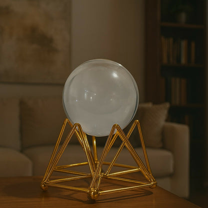 Decorative Crystal Ball with Premium Golden Geometric Stand for Home Office Desk | Clear Glass Sphere Showpiece for Table Decoration, Vastu, Meditation, Feng Shui, Gifting | Modern Luxury Home Décor Ornament