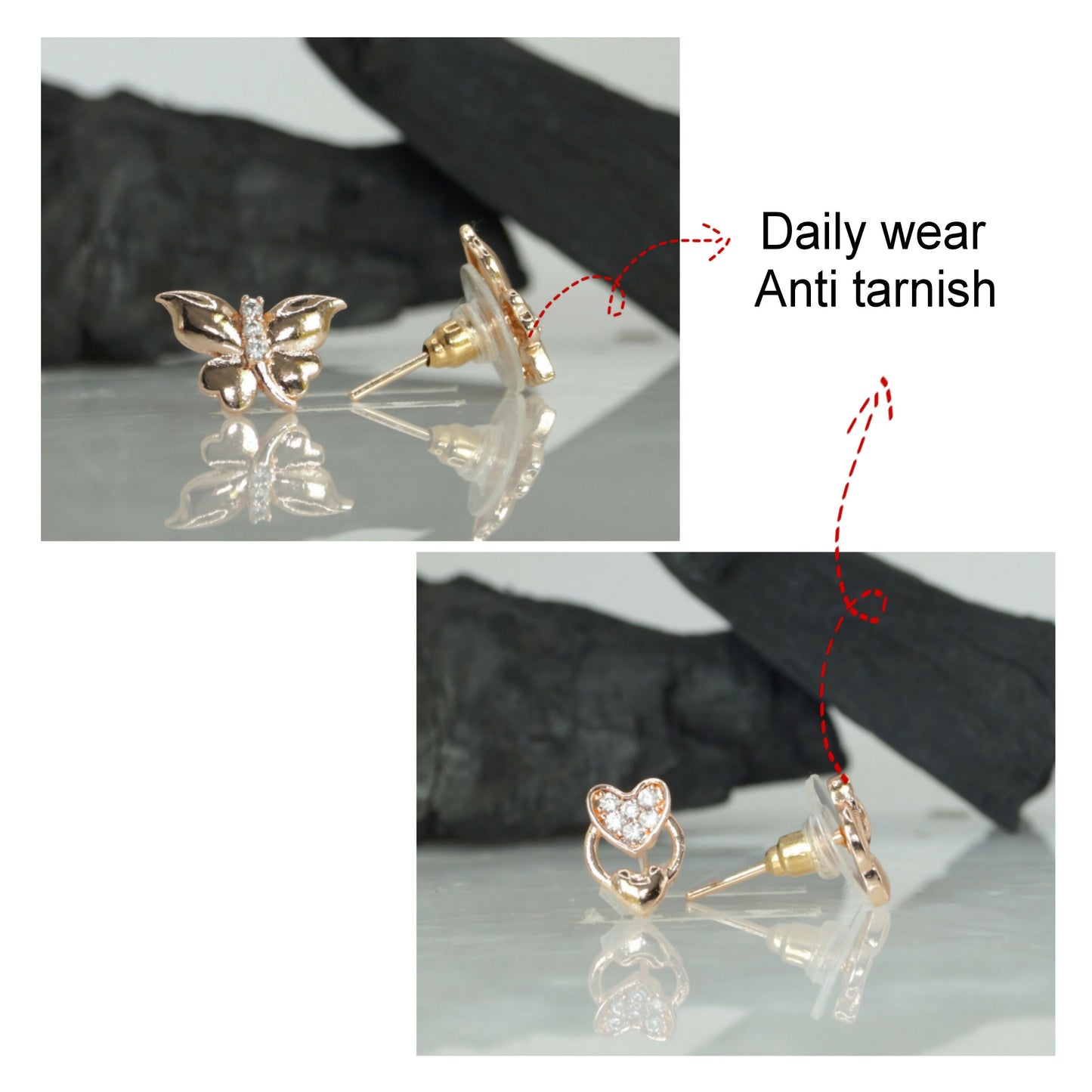 Rose Gold Heart & Butterfly Stud Earrings Set for women and girls Combo Pack of 2