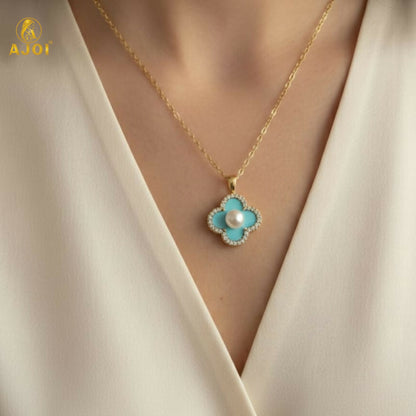 Elegant Gold Plated Floral Pendant Necklace with Pearl & Mint Enamel for Women