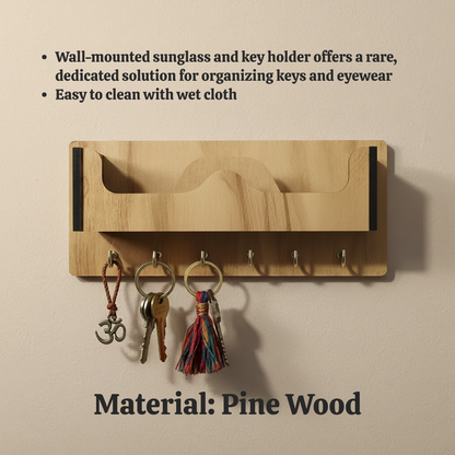 Wooden Wall Mounted Key Holder with Shelf for Mobile, Glasses and Daily Items