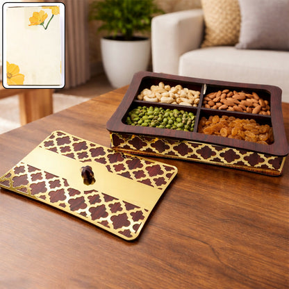 Dry fruit storage box with four compartments and decorative golden lid in wooden finish