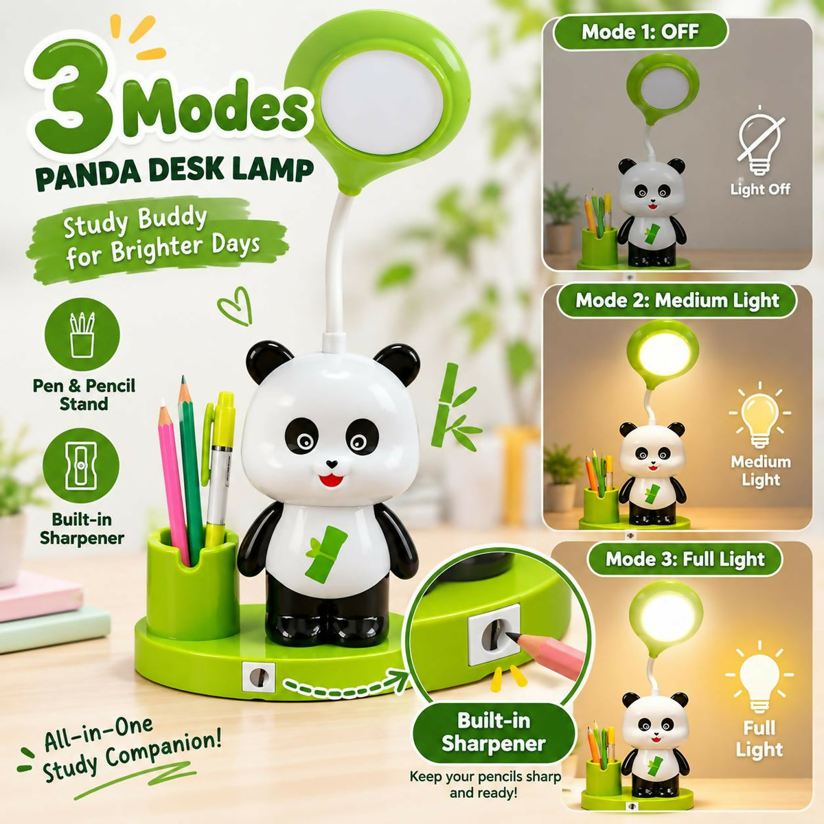 A graphic showing the panda desk lamp with three light modes, a pen stand, and a built-in sharpener.