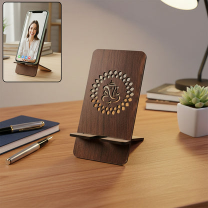 Wooden Mobile Stand with Dual-Side Ganesha Design, Reversible Foldable Phone Holder