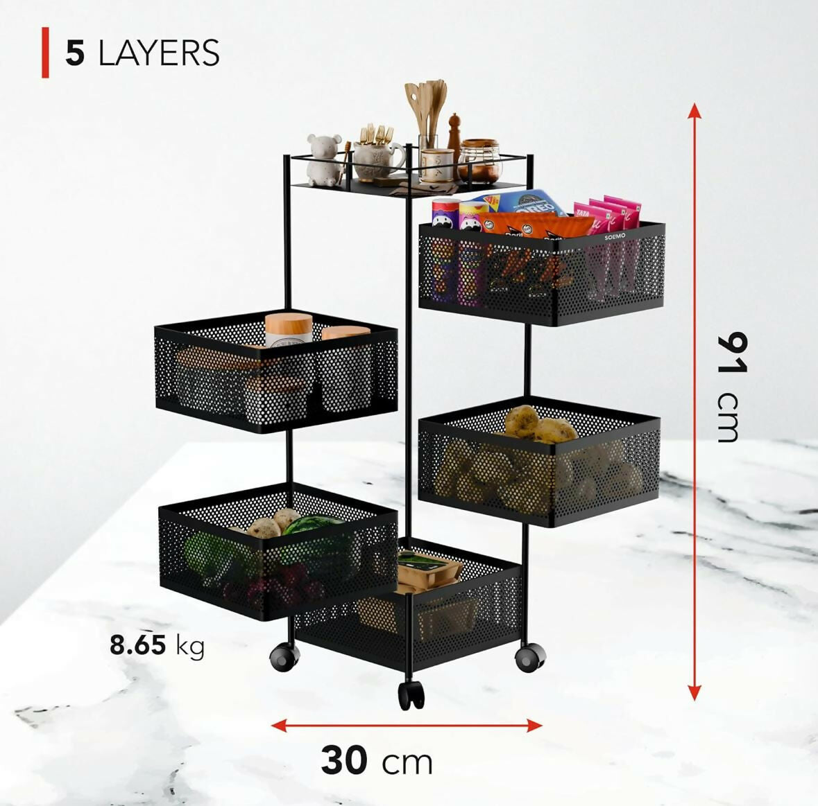 Square 5-Layer Stainless Steel Kitchen Trolley with Four Mesh Baskets & 360° Wheels