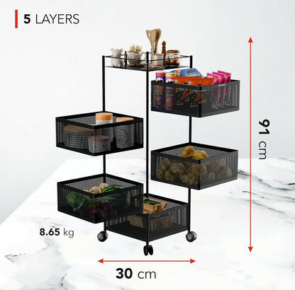Square 5-Layer Stainless Steel Kitchen Trolley with Four Mesh Baskets & 360° Wheels