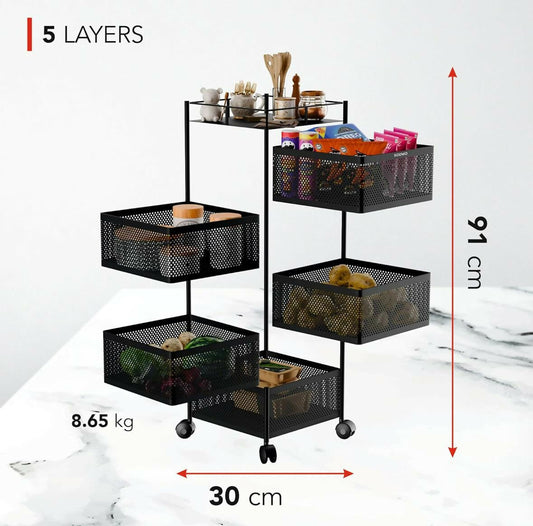 Square stainless steel kitchen trolley with top shelf and four mesh baskets