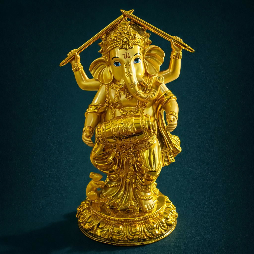 Golden Lord Ganesha Dancing Statue Decorative Idol for Home Temple & Office