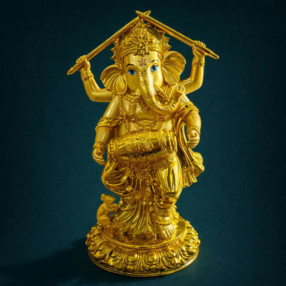 Golden Lord Ganesha Dancing Statue Decorative Idol for Home Temple & Office