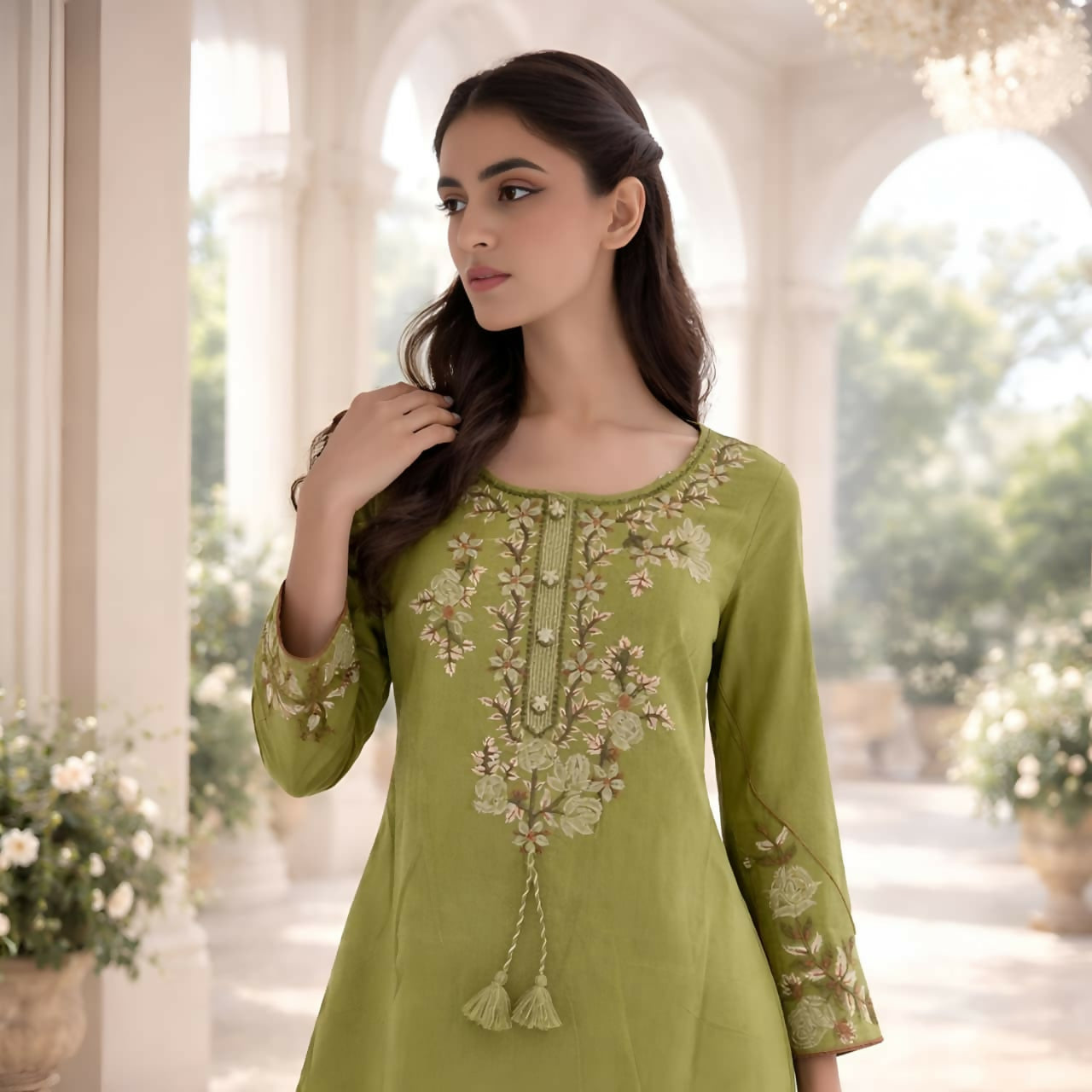 Dark green embroidered short kurta with floral design and tassel neckline