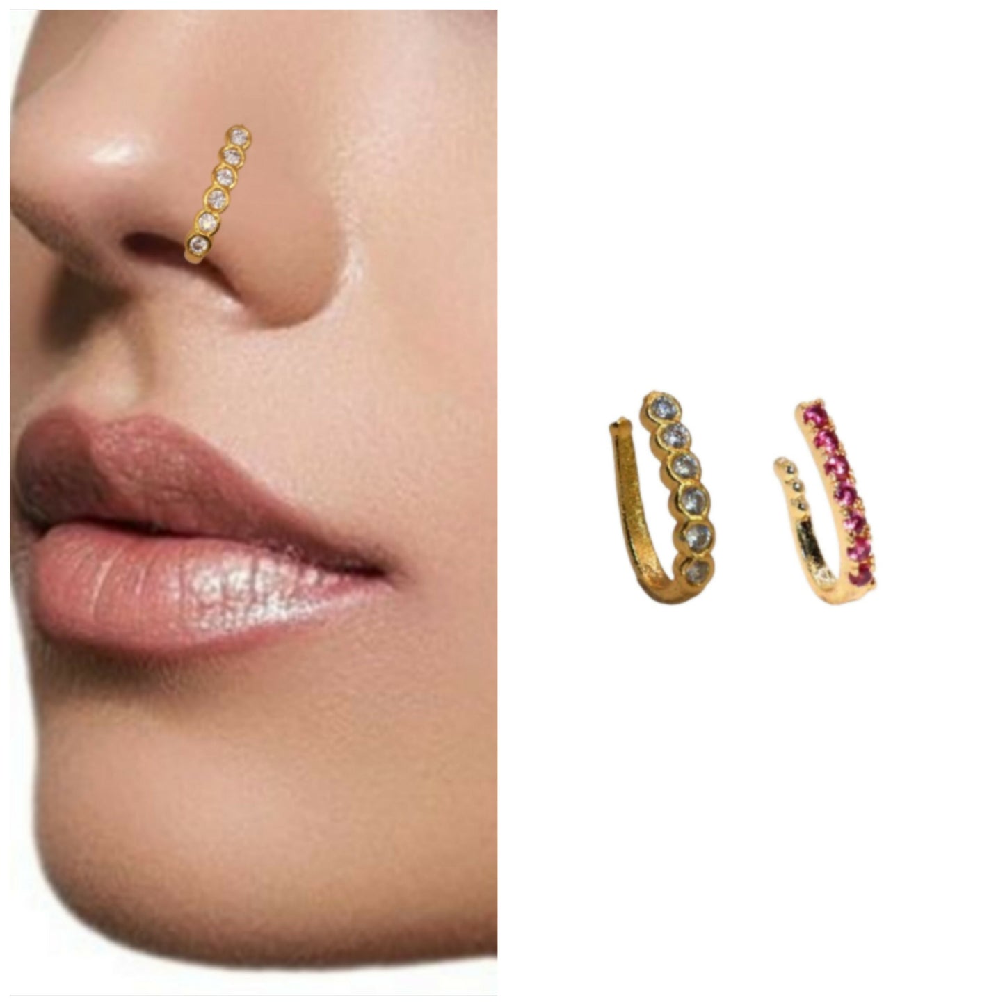 3-piece CZ clip-on nose jewelry set featuring rows of pink and white stones