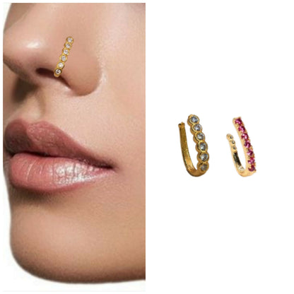 3-piece CZ clip-on nose jewelry set featuring rows of pink and white stones