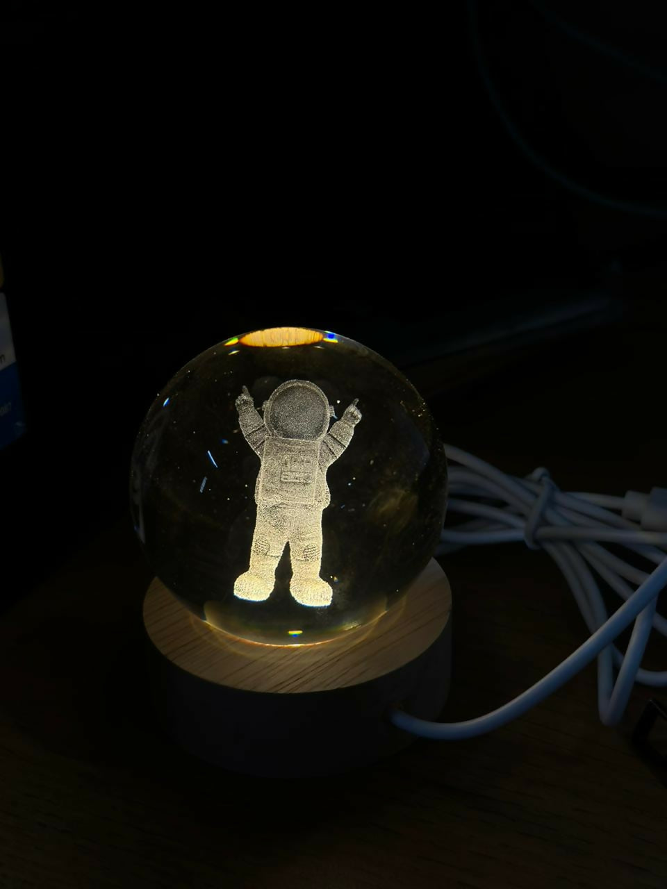 3D Crystal Astronaut Night Lamp with Wooden Base, USB Powered Decorative Light
