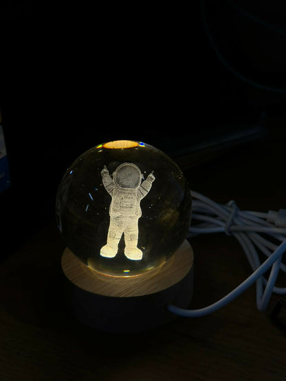 3D Crystal Astronaut Night Lamp with Wooden Base, USB Powered Decorative Light