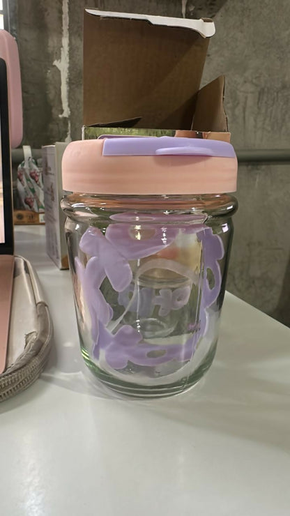 HOHO Cute Glass Milk Jar with Straw & Silicone Lid | 350ml Leakproof Reusable Mason Tumbler | Aesthetic Smoothie & Juice Cup for Kids & Adults | Pastel Purple Silicone Sleeve | 12cm x 7cm | Eco-Friendly Drinkware