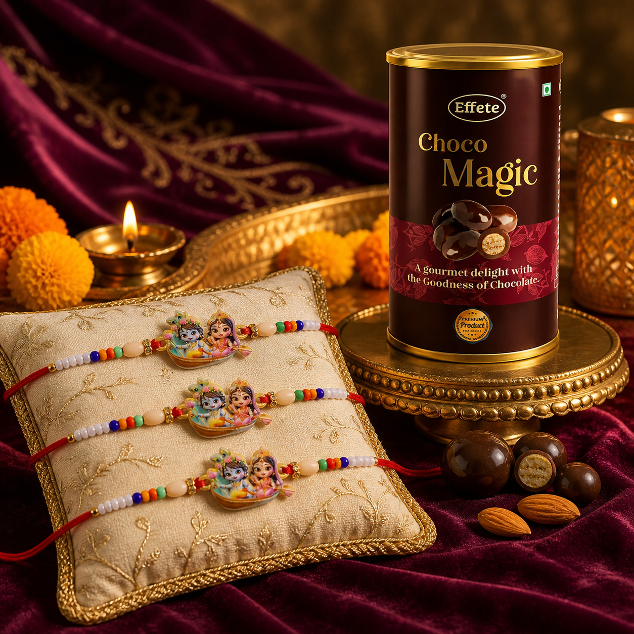 Radha Krishna Beaded Rakhi with Choco Magic, Pack of 3