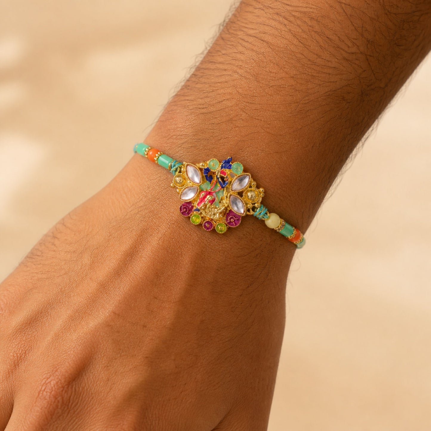 Multicolor Gemstone Cluster Pendant Rakhi with Purple Marquise Stones