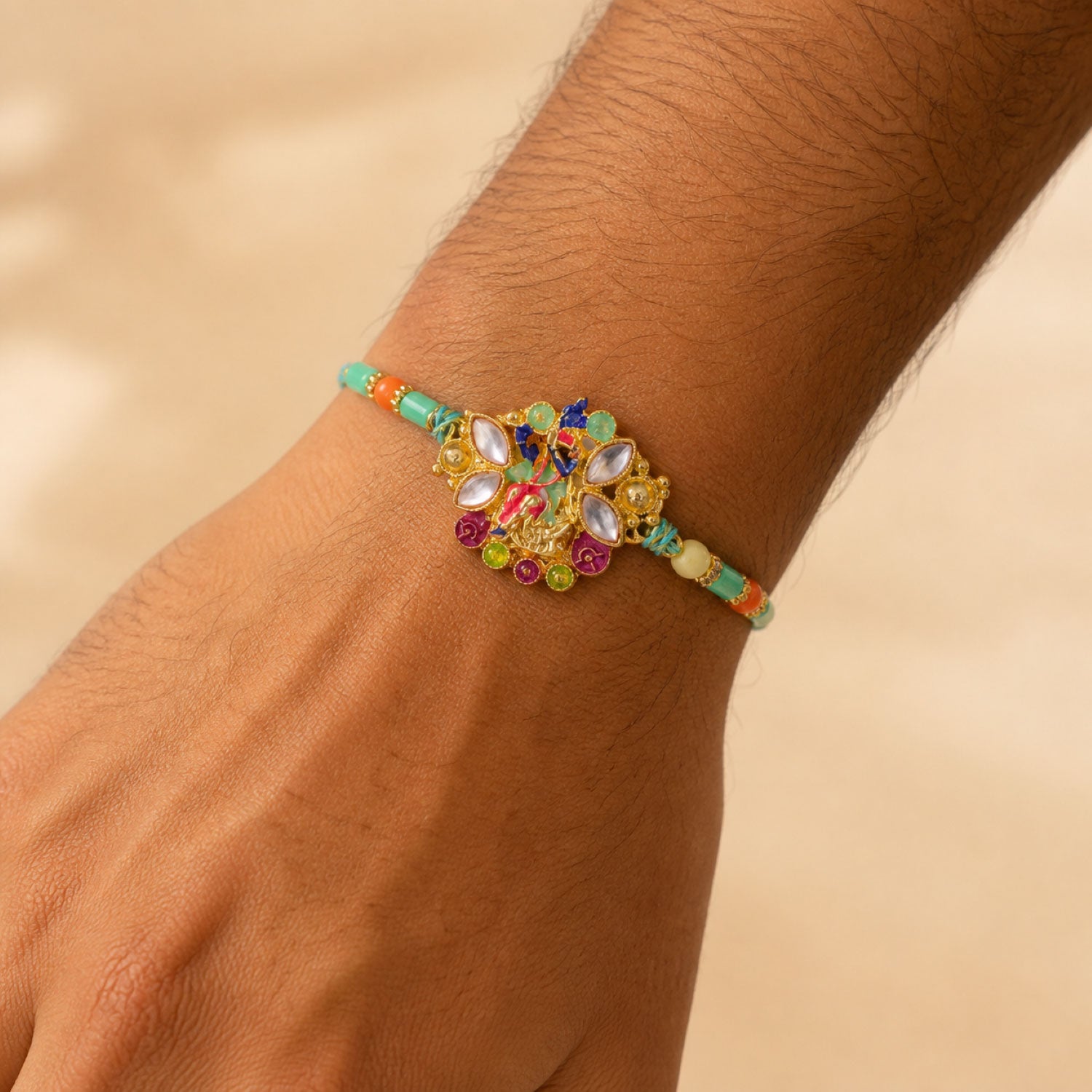Multicolor Gemstone Cluster Pendant Rakhi with Purple Marquise Stones