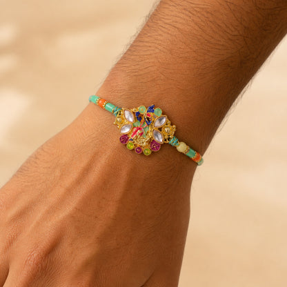 Multicolor Gemstone Cluster Pendant Rakhi with Purple Marquise Stones