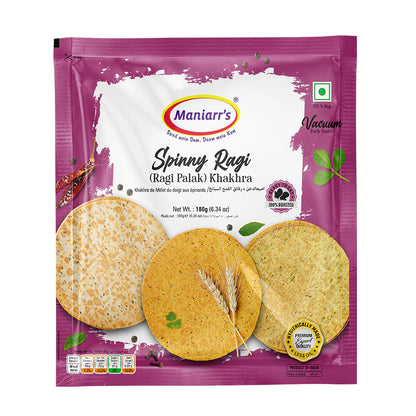 Maniarr's Spinny Ragi Khakhra, a healthy spinach and ragi snack, presented in a pack.