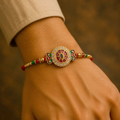 Traditional Round Kundan Rakhi with Beaded Thread for Raksha bandhan