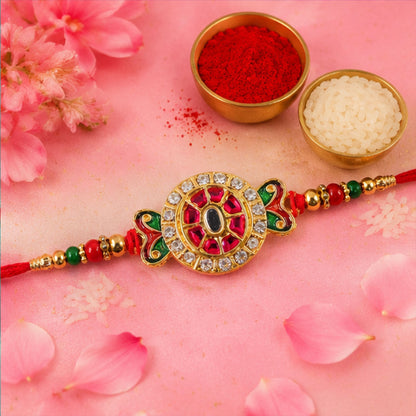 Traditional Round Kundan Rakhi with Beaded Thread for Raksha bandhan