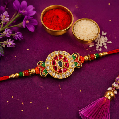 Traditional Round Kundan Rakhi with Beaded Thread for Raksha bandhan